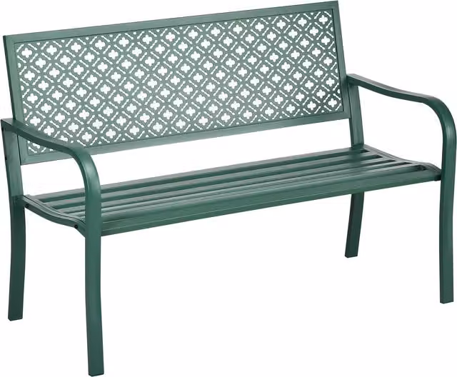 Panca da giardino Outsunny in acciaio con schienale floreale per 2 persone, colore verde scuro, L: 127 cm, P: 63 cm, H: 83 cm