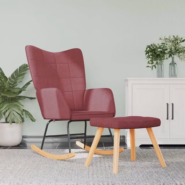 Poltrona a dondolo con poggiapiedi in tessuto rosso matt con struttura moderna e design ergonomico