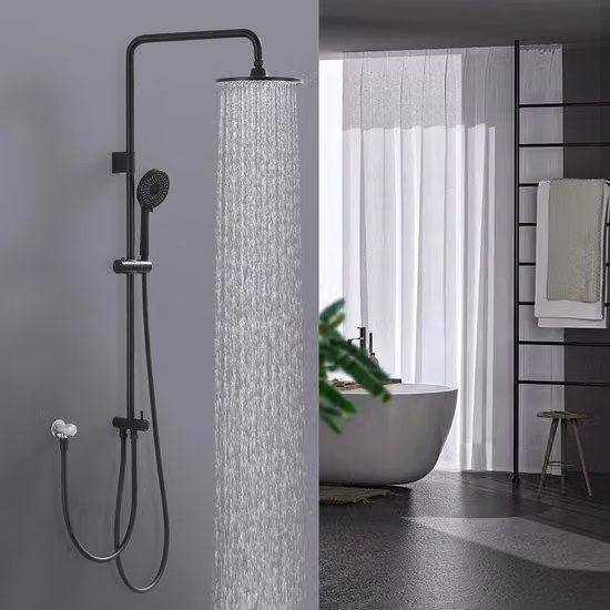Ibenzoa® Sistema doccia moderno senza miscelatore – soffione a mano nero opaco (4 tipi di getto), soffione a pioggia da 22 cm, elementi in acciaio inossidabile, altezza 1014 mm (altezza totale doccia da pavimento: 1100–1300 mm)