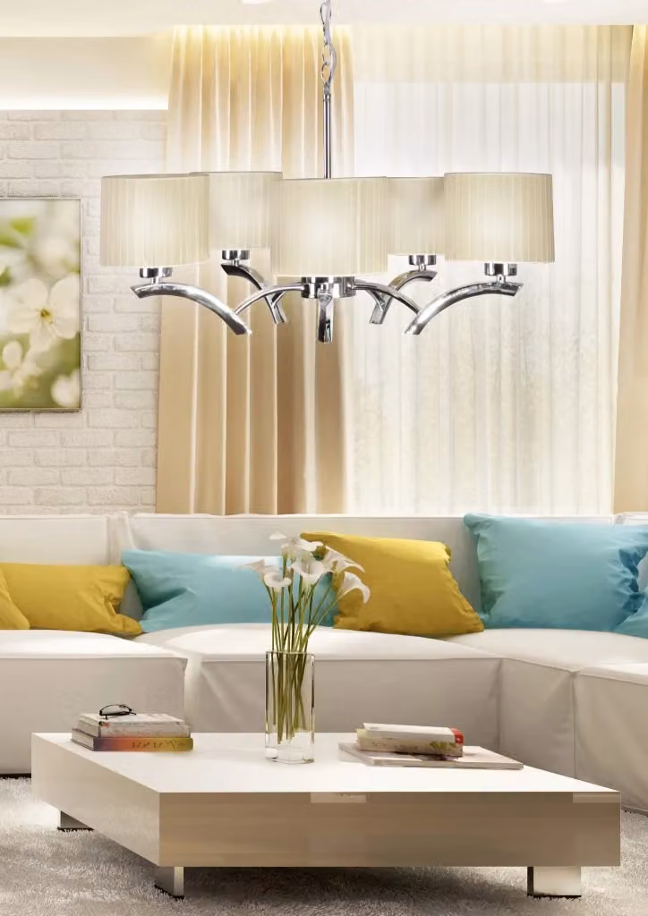 Lampadario a sospensione Candellux Draga in metallo e tessuto beige e cromo con 5 lampadine E27 – 2