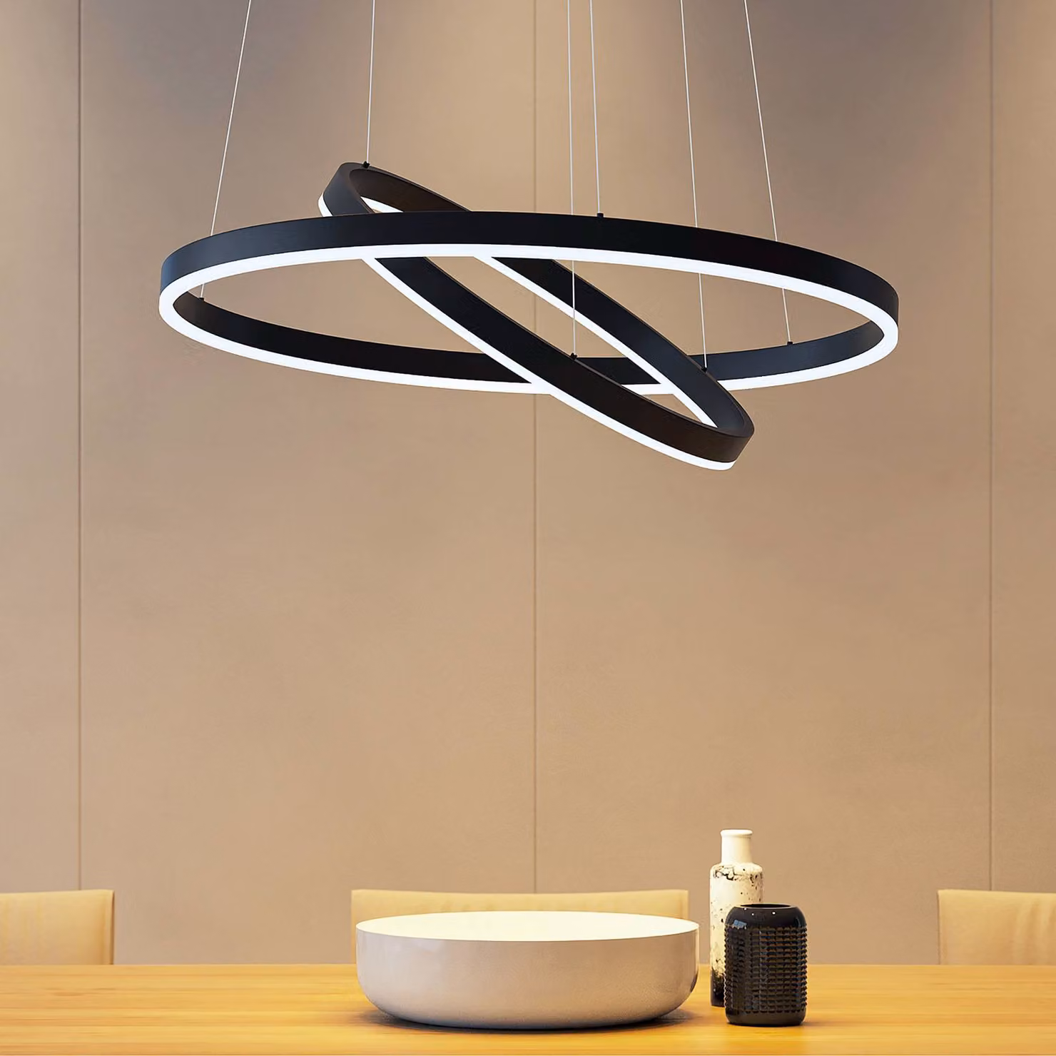 Lampada LED a sospensione Arcchio Albiona, nero, 2 anelli, Ø 60 cm Albiona Arcchio, dimmerabile, Nero, Cucina, Metallo, Moderno