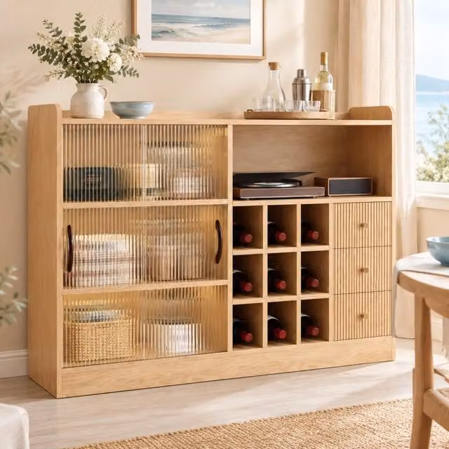 Credenza ULEVR 120x85x30 cm con portabottiglie, LED controllabile tramite app e 2 ante scorrevoli in vetro