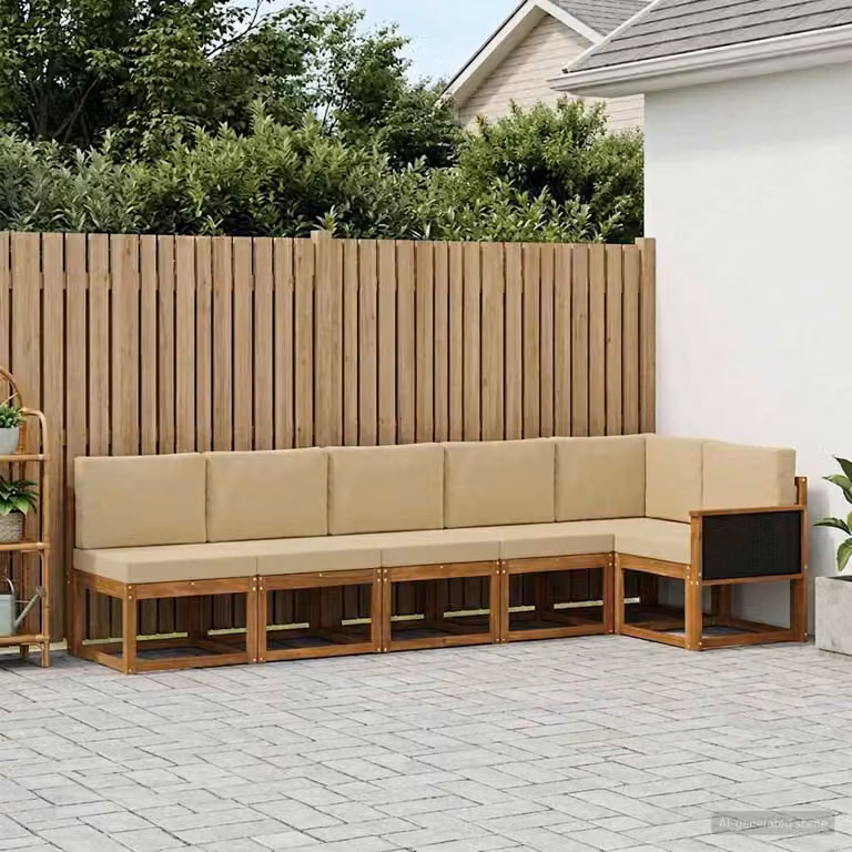 Set di divani da esterno vidaXL a forma di L composto da 6 pezzi in legno di acacia con cuscini beige e sabbia