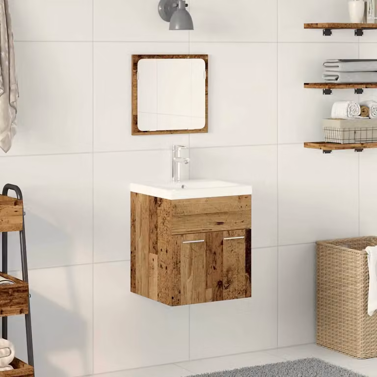Set di mobili per il bagno vidaXL in legno e metallo marrone stile minimalista, 3 pezzi