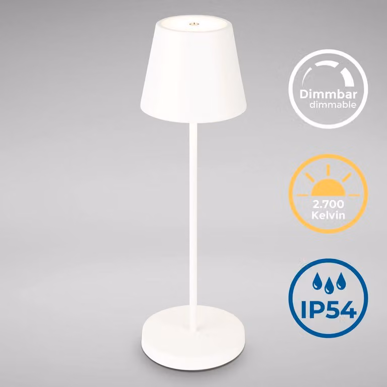 B.K.Licht - Lampada da tavolo ricaricabile dimmerabile senza fili, lampada da tavolo dimmerabile per interni ed esterni con IP54, luce bianca calda, funzione touch, cavo USB-C da 2 m, bianco.