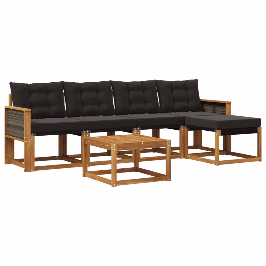 Set di divani da esterno a L vidaXL in legno di acacia con tavolino e pouf, beige e nero – 2