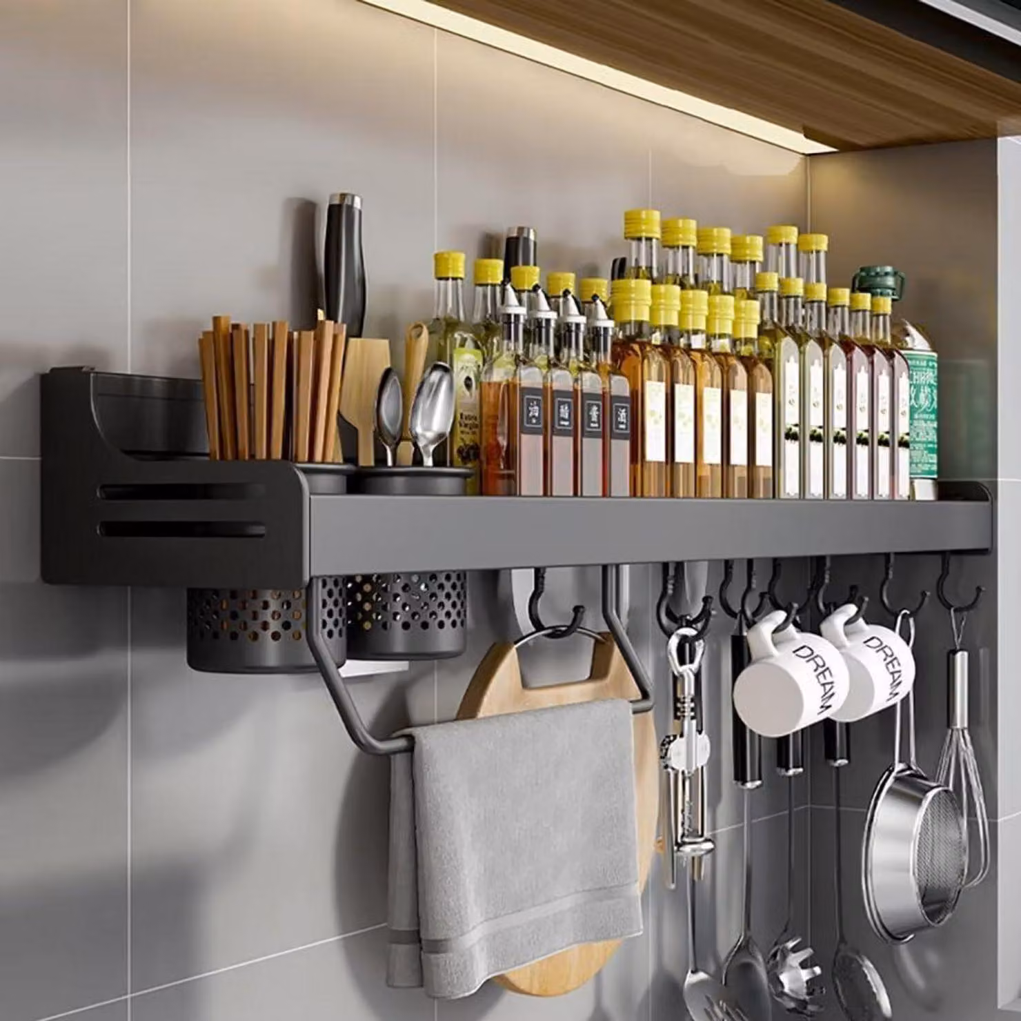 Portaspezie Organizzatore da parete nero 40 cm - Montaggio senza trapano - 2 metodi di installazione - Design moderno - Alluminio di alta qualità