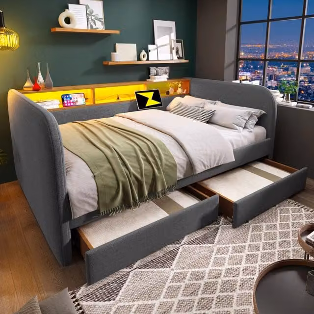 Letto Mivray con cassetti e illuminazione LED regolabile, porte USB e USB-C, testiera con vano in lino grigio, L/P: 140 x 190 cm