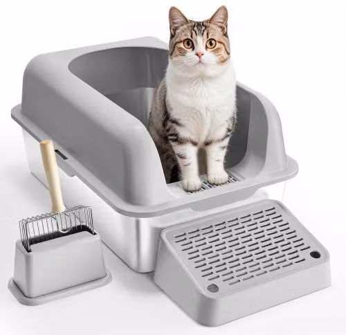 Lettiera per gatti XL VEVOR in acciaio inox con paletta e pedana filtrante, Grigio Chiaro, L/P/H: 60 x 40 x 30 cm