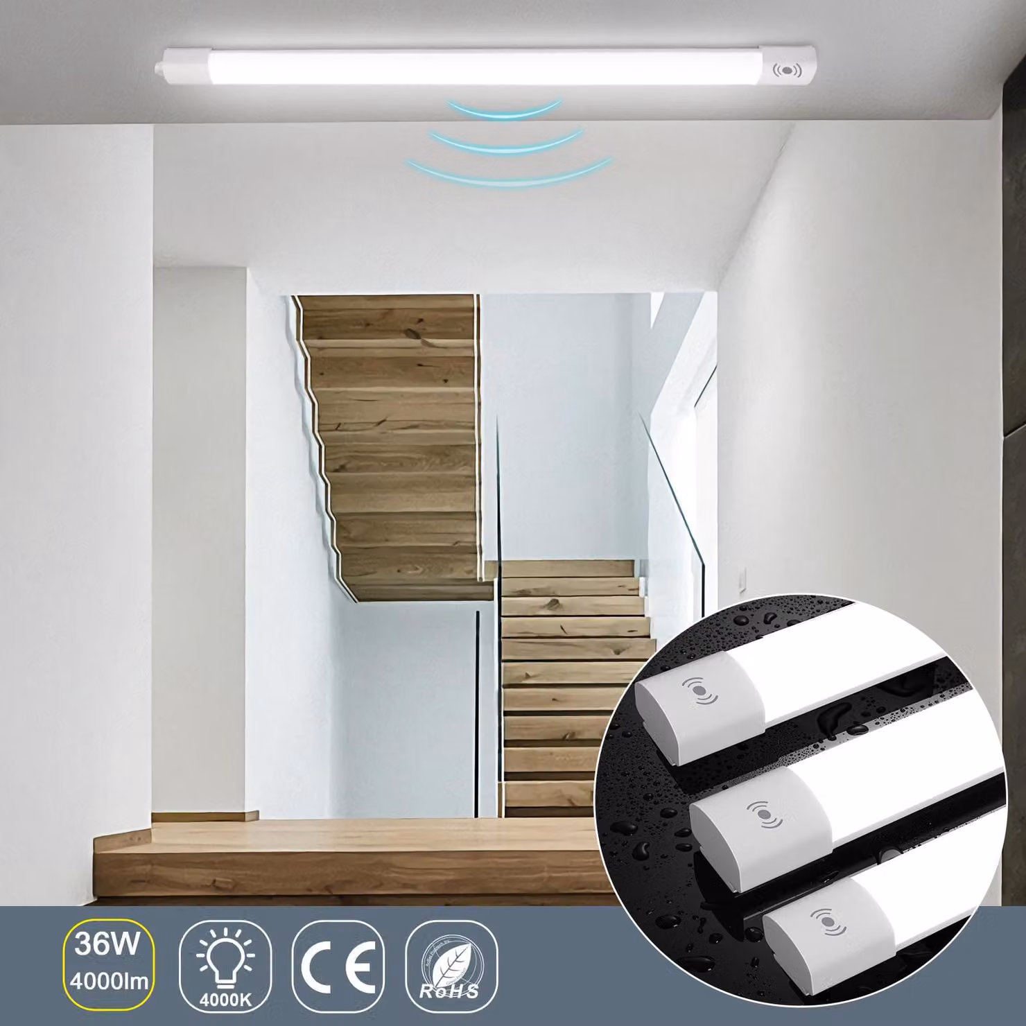 Lampada da soffitto a LED da 36W, resistente all'umidità, con sensore di movimento e luce bianca da 4000K, diametro 120 cm