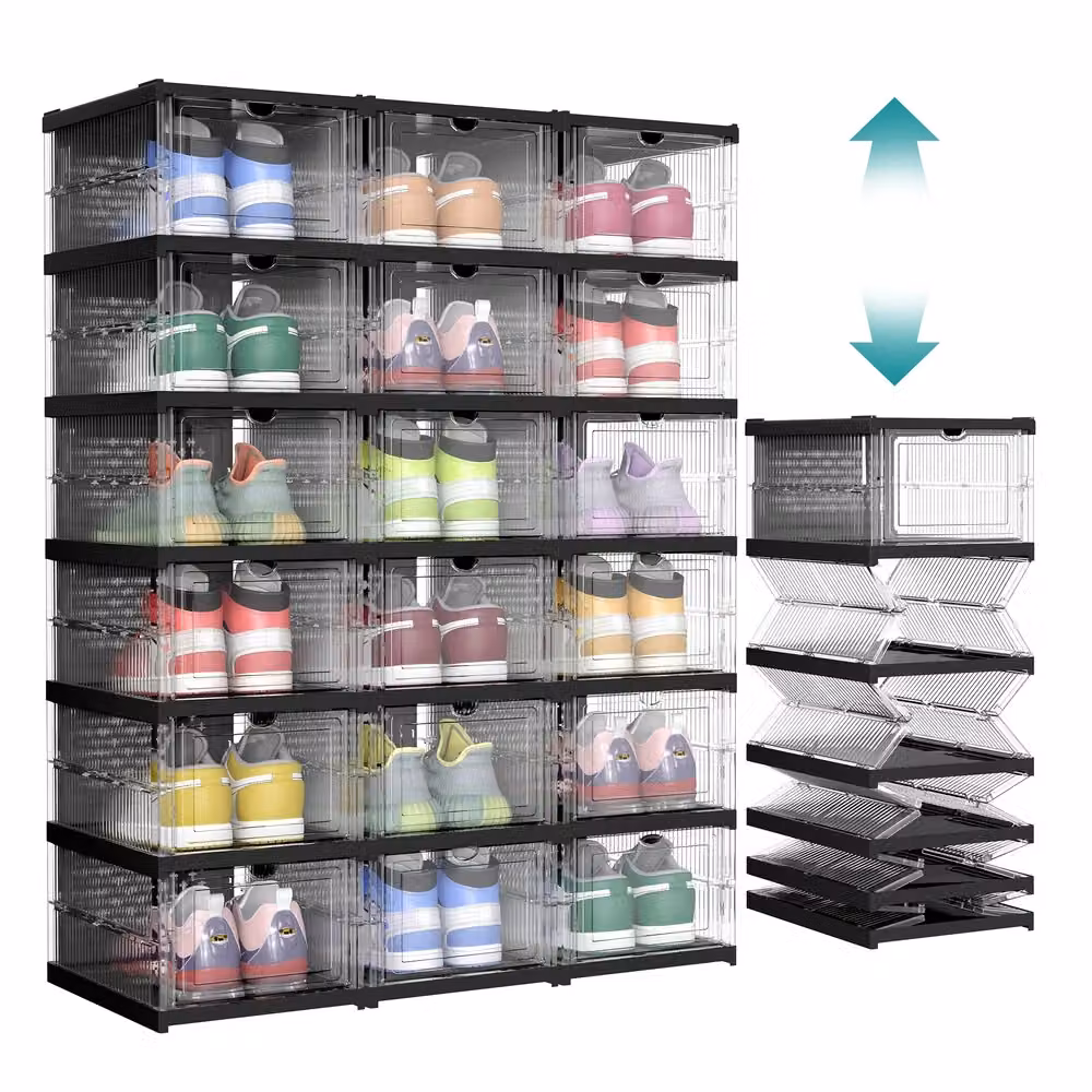 Scatole per Scarpe Impilabili Pieghevoli Componibili, Trasparente + Nero Inchiostro / 18 Scomparti