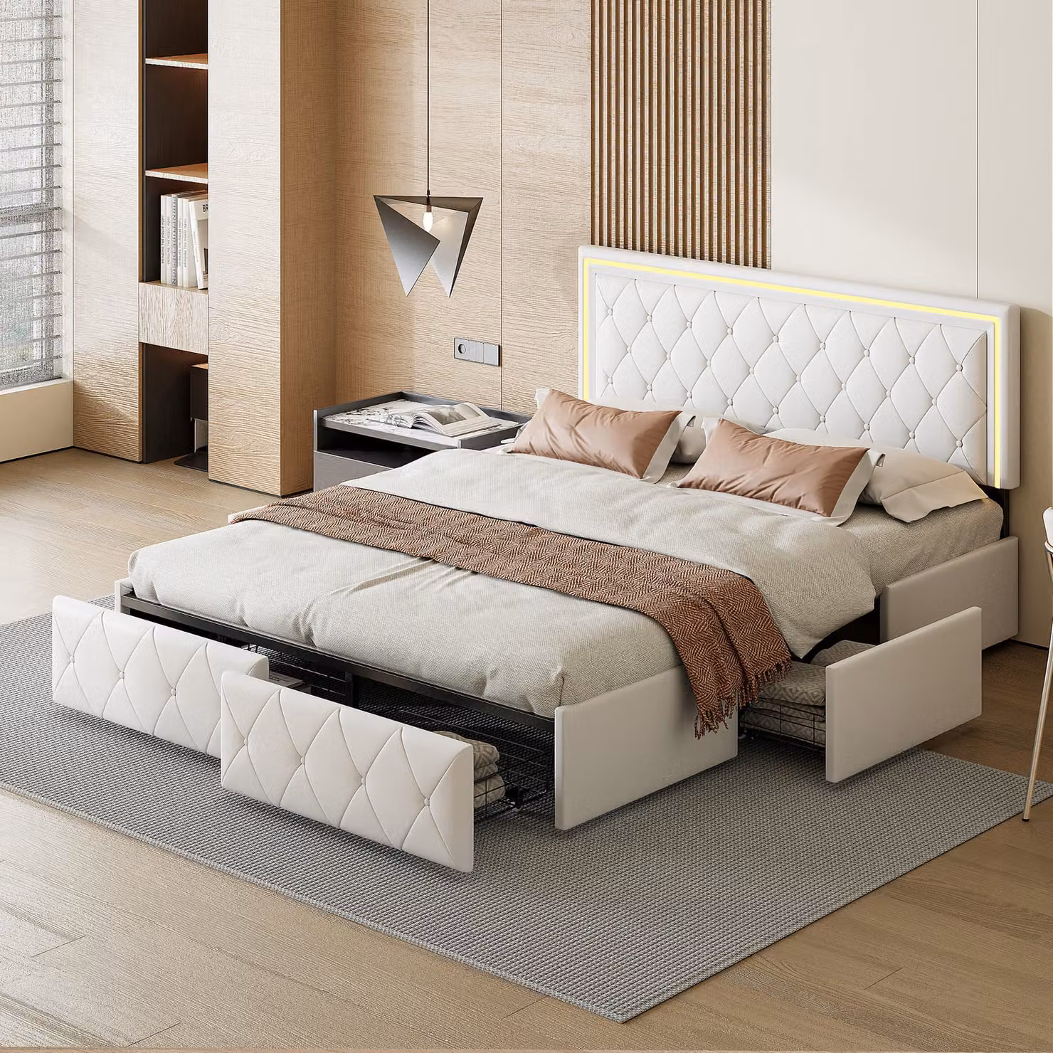letto da 160 x 200 cm con illuminazione a LED, testata regolabile, letto imbottito con 4 cassetti e vano contenitore, bianco