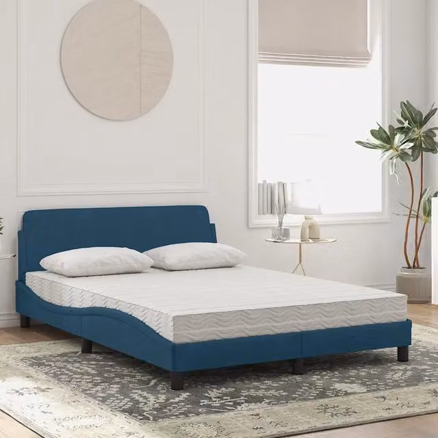 Letto con Materasso-Struttura Letto con Materasso Dover Blu 140x190 cm in Velluto