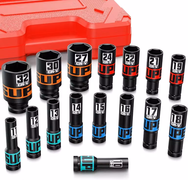 Set di chiavi a bussola, 16 pezzi, da 10 a 32 mm, in acciaio cromo-vanadio, per la riparazione di automobili
