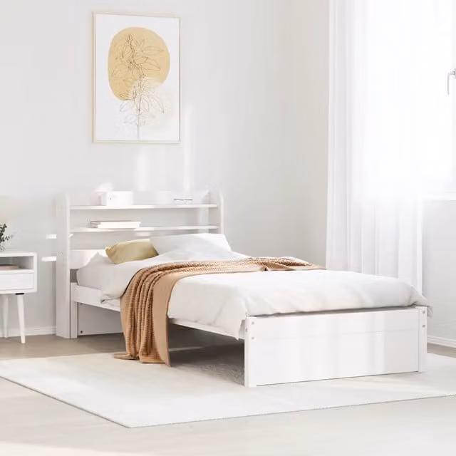 Letto con testiera e ripiani integrati vidaXL in legno massello di pino bianco laccato stile rustico