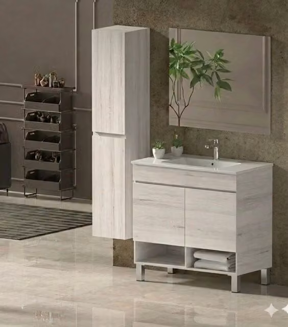 Mobile Bagno NEBARI com gambe Già Montato 2 portas, lavabo e specchio Bianco nordico 70x45 cm con colonna