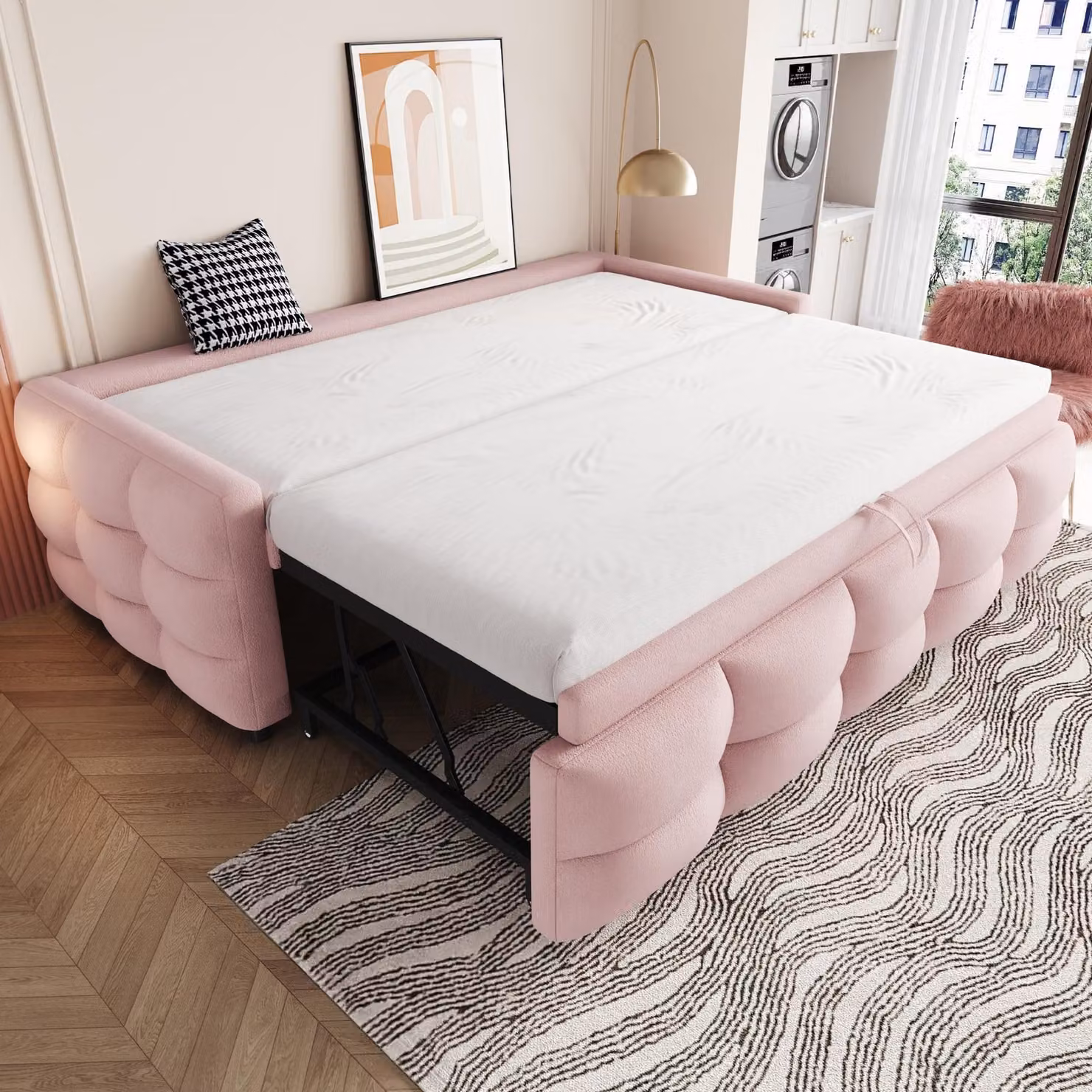 Letto imbottito estendibile, dimensioni 90/180 x 190 cm, divano letto con 24 listelli, rivestito in velluto effetto peluche, trasformabile in letto singolo o matrimoniale, senza materasso, colore rosa