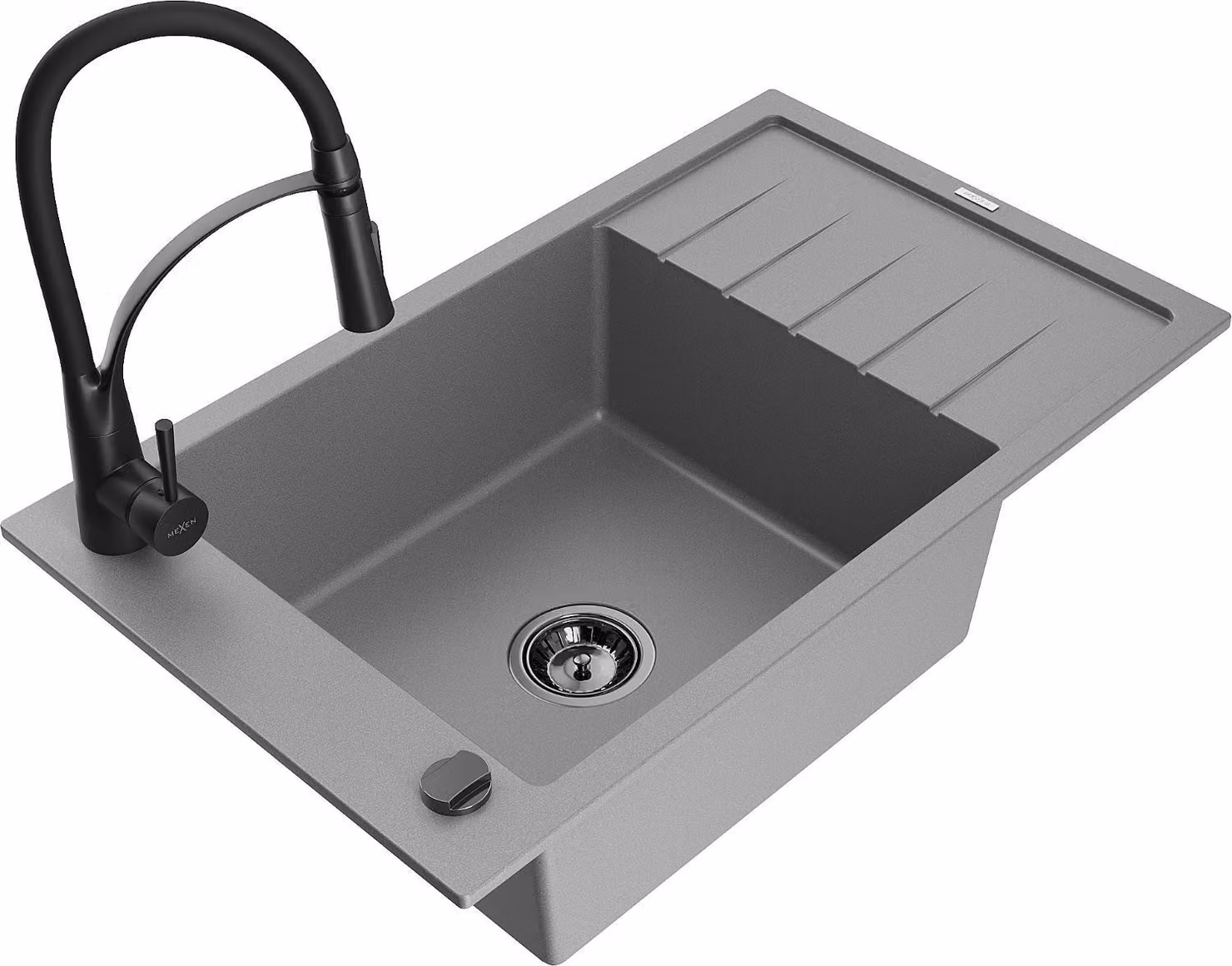 Mexen Elias lavello in granito a 1 vasca con sgocciolatoio e miscelatore da cucina Aster, grigio - 6511-71-73450-70-B