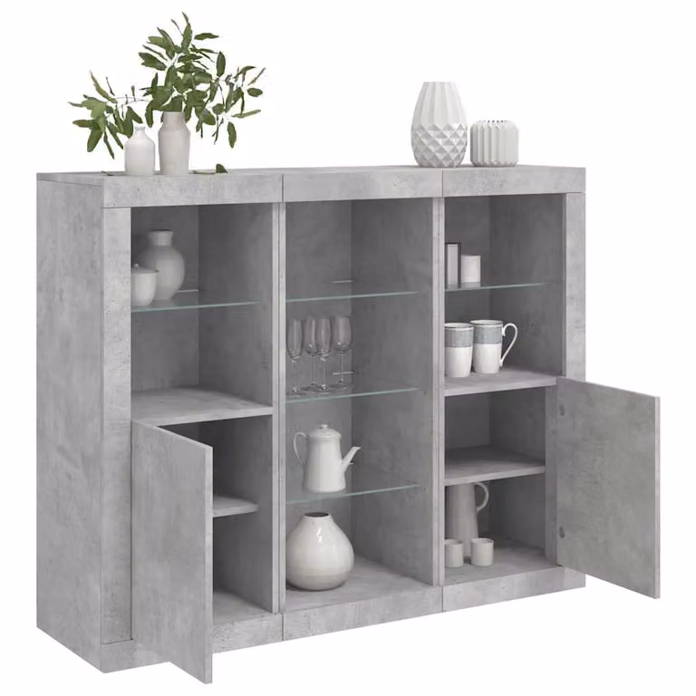 Set di 3 credenze moderne vidaXL con luci LED integrate in legno multistrato, colore grigio cemento
