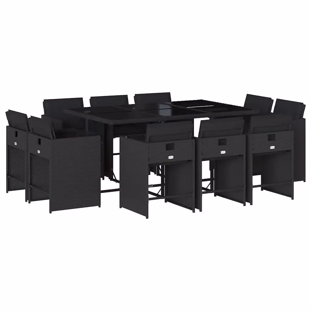 vidaXL Set da Pranzo da Giardino 11 pz in Polyrattan Nero con Cuscini e Tavolo in Vetro – 2