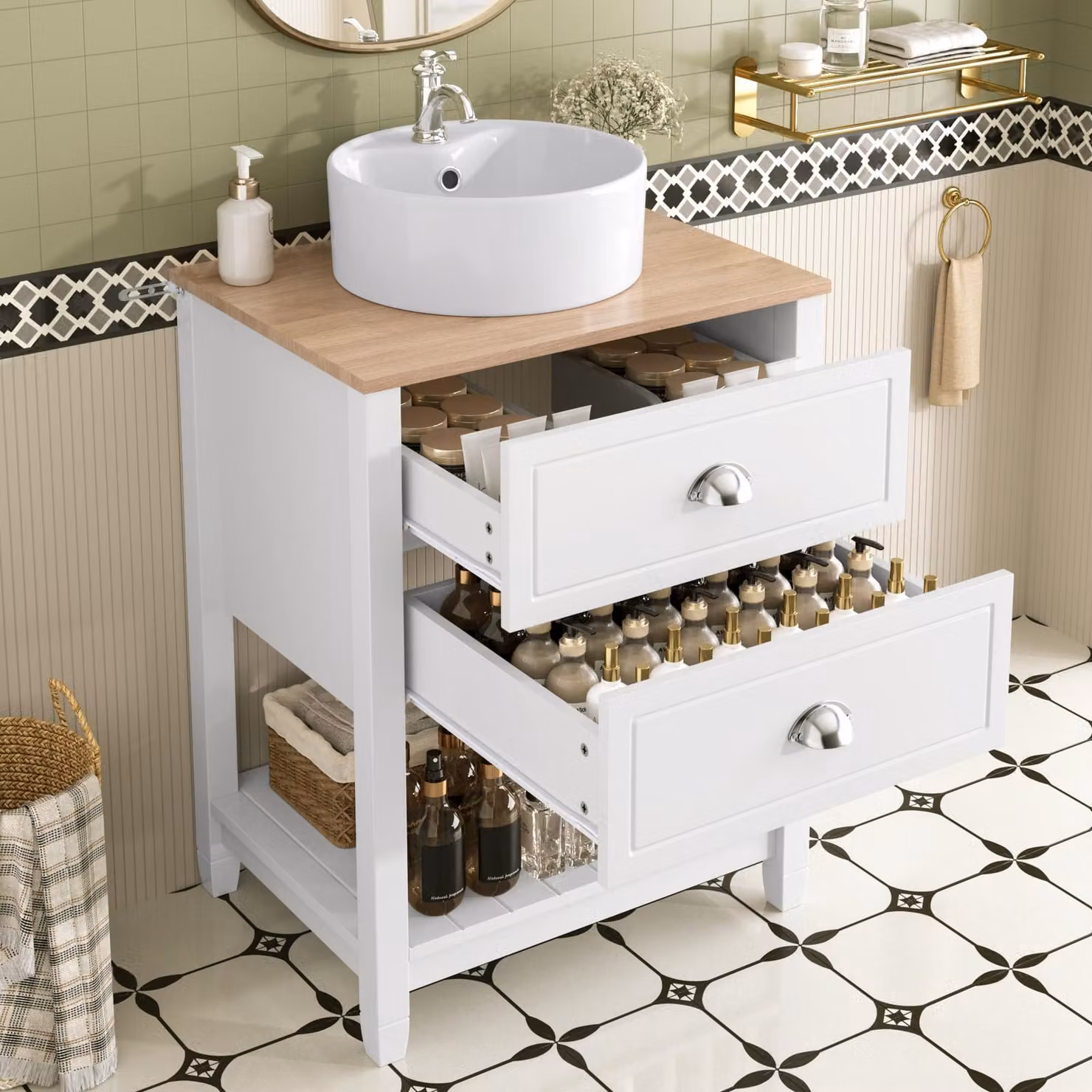 Fortuna Lai Mobile bagno con lavabo in Vetroceramica rotondo – Lavabo singolo con 2 cassetti e ripiano aperto – Mobile bagno con lavabo in bianco e effetto legno