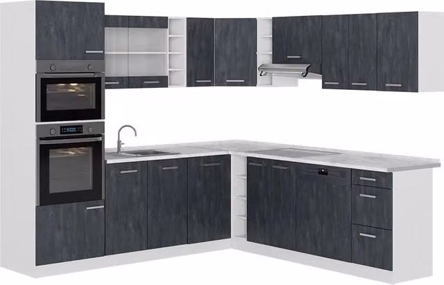 Cucina angolare moderna Vicco R-Line con ante in vetro e illuminazione integrata, finitura opaca, colori nero, bianco e grigio, L/P/H: 247 x 237 x 206,8 cm – 1
