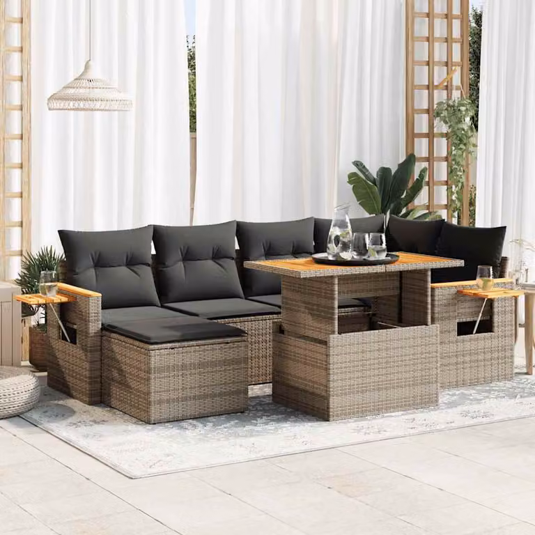 Set da giardino vidaXL in polyrattan e legno di acacia con 7 pezzi e cuscini grigi