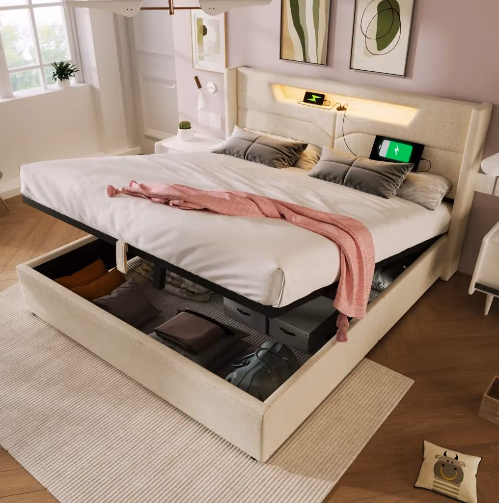 Letto matrimoniale MODFU in tessuto beige con contenitore, illuminazione LED e porte di ricarica USB e Type C, L/P: 160 x 200 cm – 2