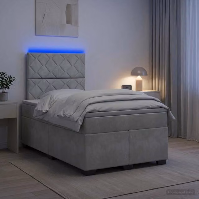 Letto box spring ibrido vidaXL con materasso a molle insacchettate e illuminazione sottostante, rivestimento in tessuto grigio, L/P: 120 x 200 cm – 1