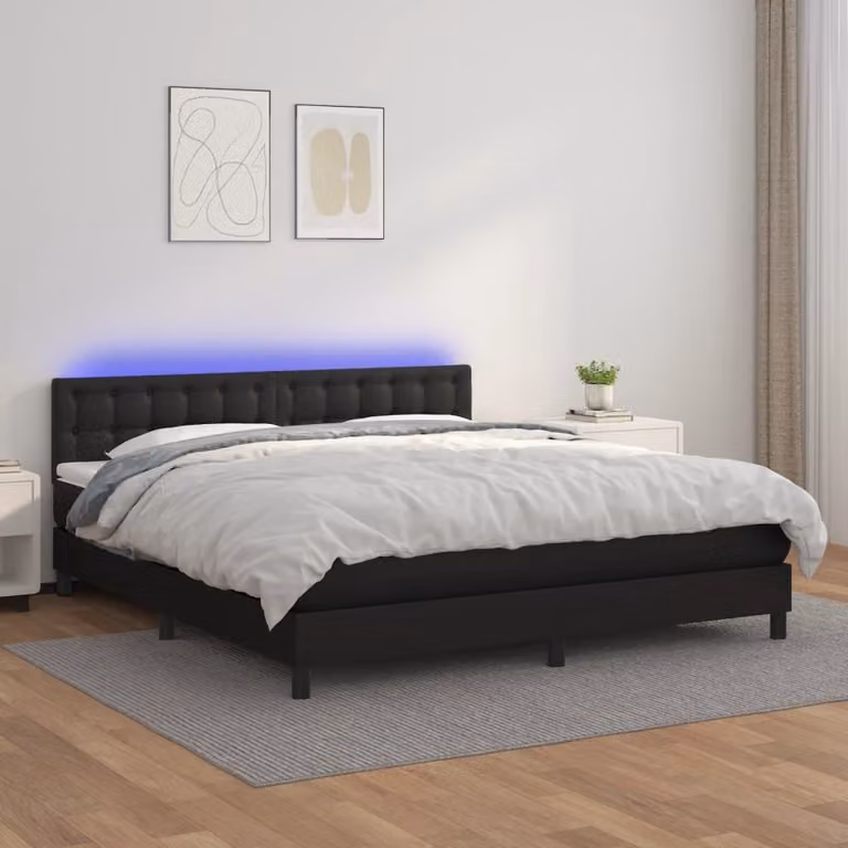 The Living Store Letto a molle con materasso e LED nero 180x200 cm in ecopelle