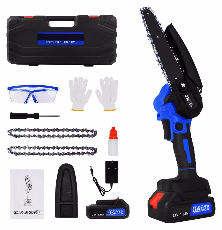 Troncatrice a batteria da 21V, lama da 15 cm - mini motosega maneggevole - motore brushless - batteria da 1,5 Ah - caricabatterie rapido - 2 catene - sistema di blocco di sicurezza