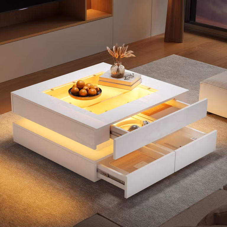 Tavolino Merax LED con piano in vetro, tavolino da salotto con 3 cassetti, tavolino da divano moderno per ambienti piccoli, bianco lucido