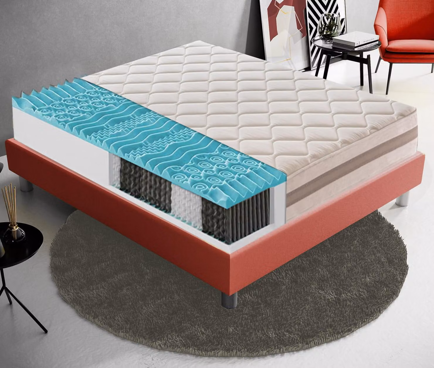 Materasso 160x190 cm, Alto 22 cm, 800 Molle Insacchettate, 9 zone differenziate, Rigidità H3, Memory Foam 2 cm, 100% Italy