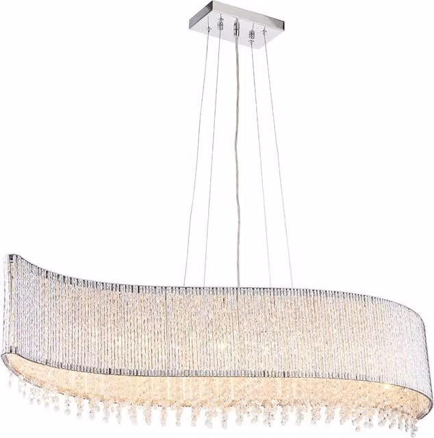 Lampada a sospensione glamour Galina Endon in metallo cromato e vetro trasparente con design a onda, regolabile in altezza, 8xG9