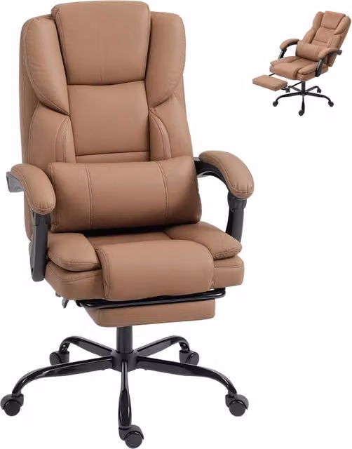 Sedia da Ufficio Executive Reclinabile in Finta Pelle Marrone con Poggiatesta, Braccioli e Rotelle, L: 65 cm, P: 67 cm, H: 111-119 cm – 1