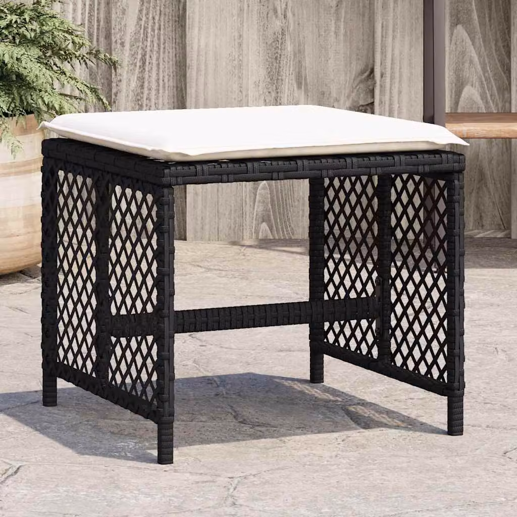 Set di 4 sgabelli da giardino vidaXL in polyrattan con cuscini neri e bianchi, L/P/H: 41 x 41 x 36 cm
