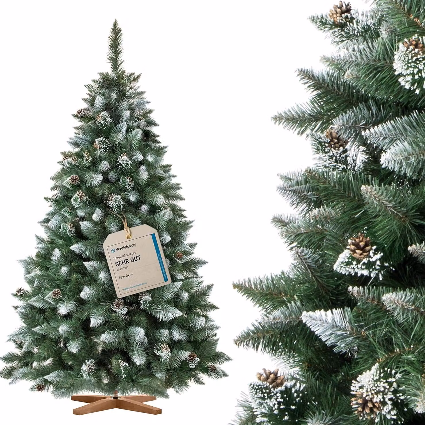 Albero di Natale artificiale FairyTrees 220cm pino naturale con supporto in legno | Abete di Natale con pigne naturali e punte bianche innevate | Facile da Montare | Prodotto in EU