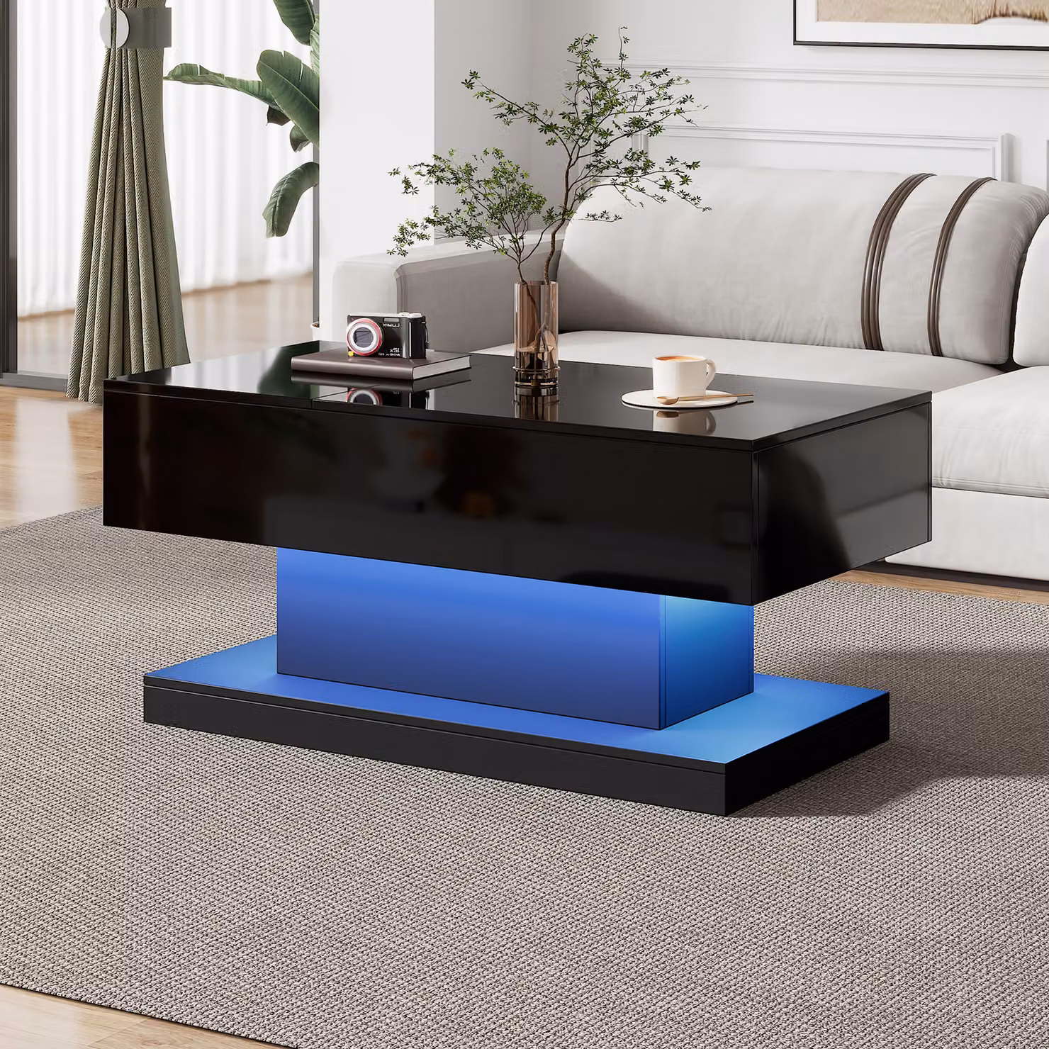 MODFU Tavolino da salotto Tavolino LED per soggiorno, camera da letto, Tavolino da tè lucido con tavolino laterale - sollevamento idraulico e spazio di archiviazione, Nero