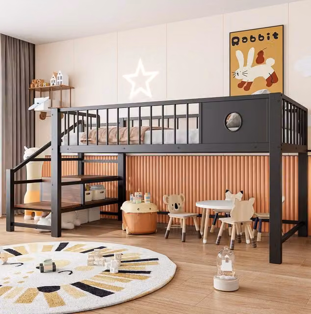 Letto a soppalco basso 90x200 cm con scala contenitore e spazio sottoletto nero