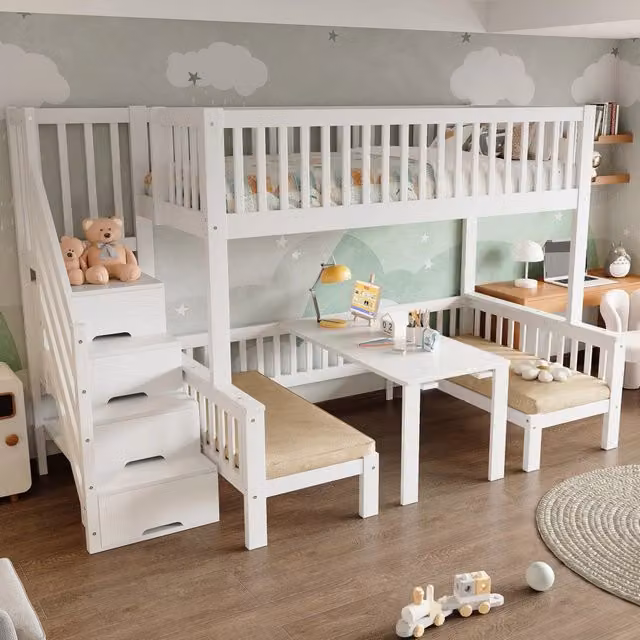 Letto a castello 253x125.5x170 cm con scala contenitore e tavolo regolabile in legno; MDF e compensato bianco
