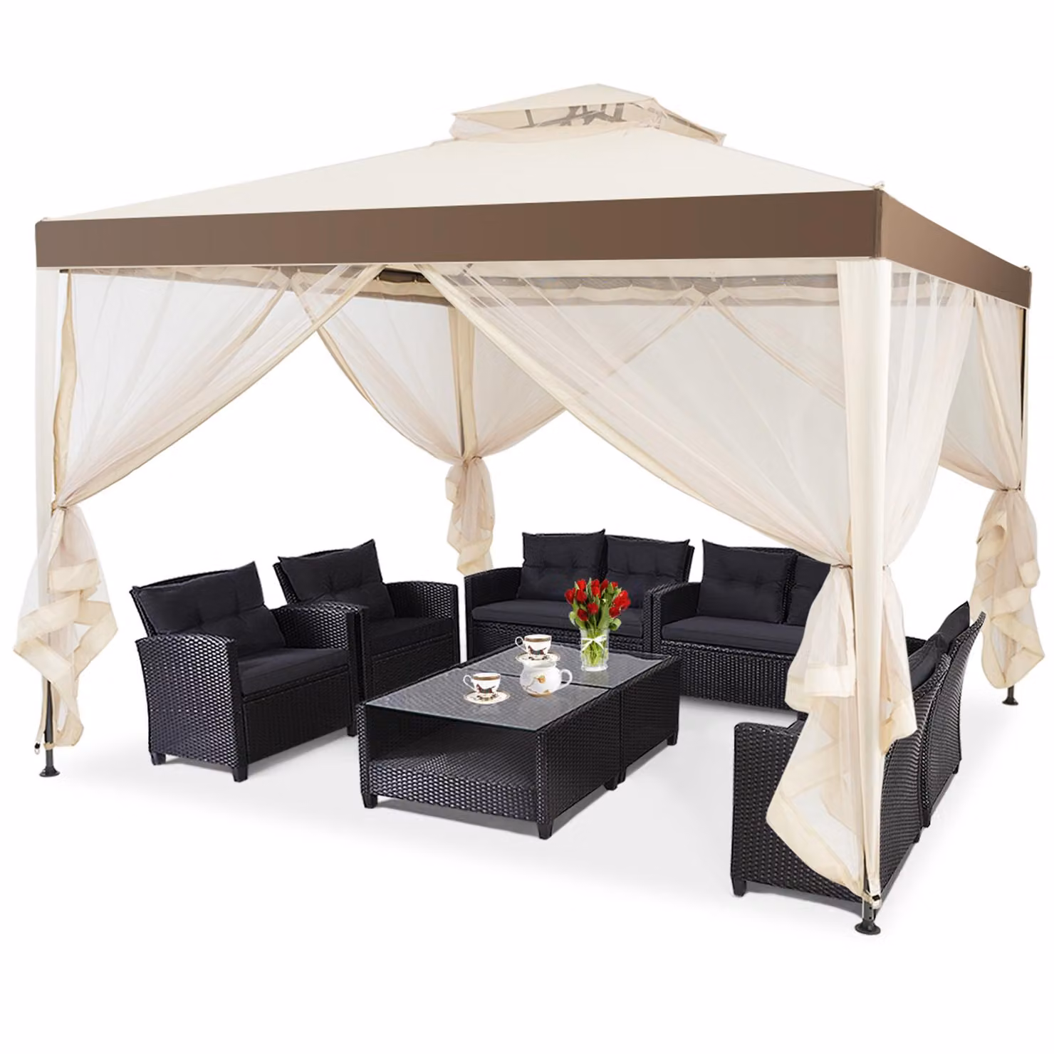 COSTWAY Gazebo 3 x 3 x 2,65 m, tenda da giardino impermeabile, tenda da giardino con 4 pareti laterali e zanzariera, tenda da festa con protezione UV 50+ beige