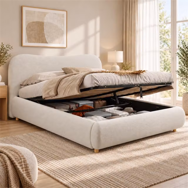 Letto matrimoniale contenitore idraulico 180x200 cm con rete; rivestimento bouclé bianco
