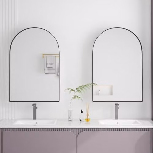 AIORBER Armadio a specchio ad arco con spazio di archiviazione, armadio a specchio da bagno con telaio in metallo e ripiani regolabili, montaggio a parete o da incasso, nero