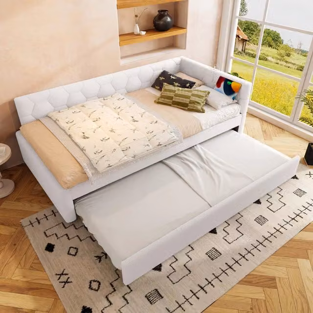 Letto singolo 90x200 con letto estraibile; rete a doghe; luce; porte USB e tipo C; MDF e boucl茅; rosa e bianco