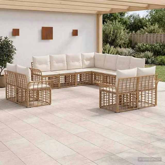 Set di divani da esterno 11 pz Naturale e Bianco Crema 3437802