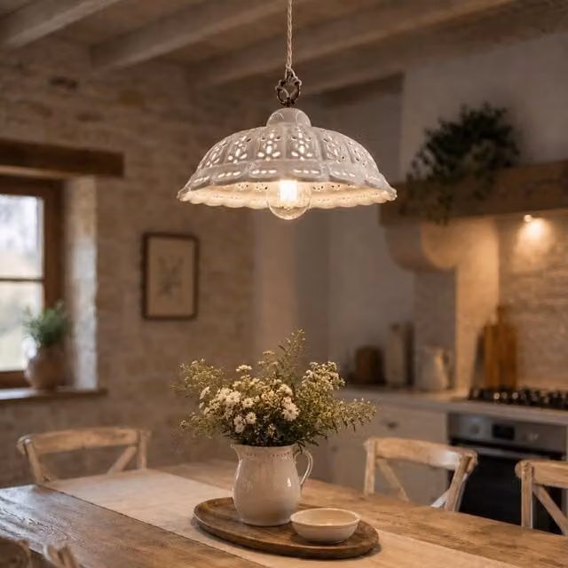 Lampadario a Sospensione Pomarance di Ceramiche Borso in Ceramica Bianca e Ottone, Ø 31 cm – 1