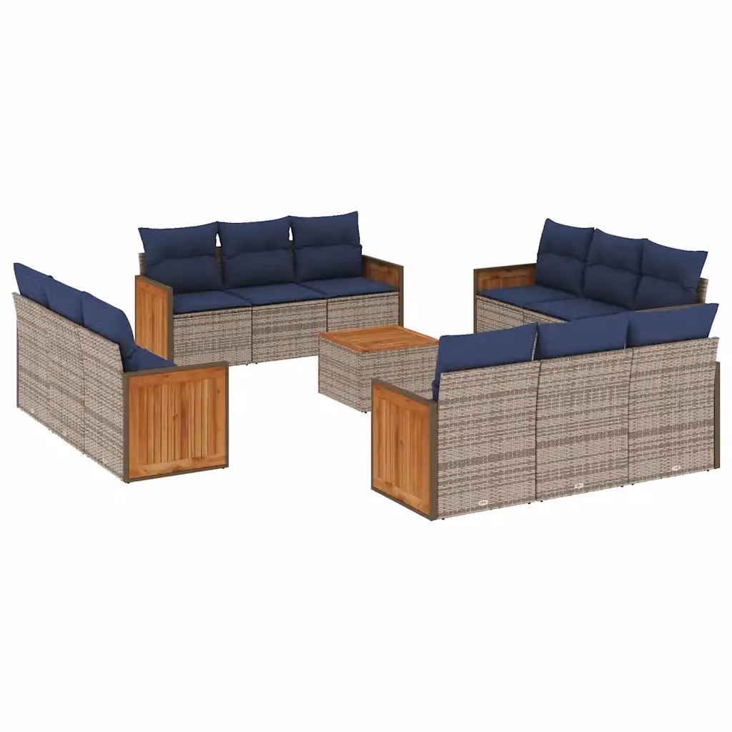 Set di divani da giardino vidaXL composto da 13 pezzi con cuscini grigi e blu in polyrattan e legno di acacia oliato – 2
