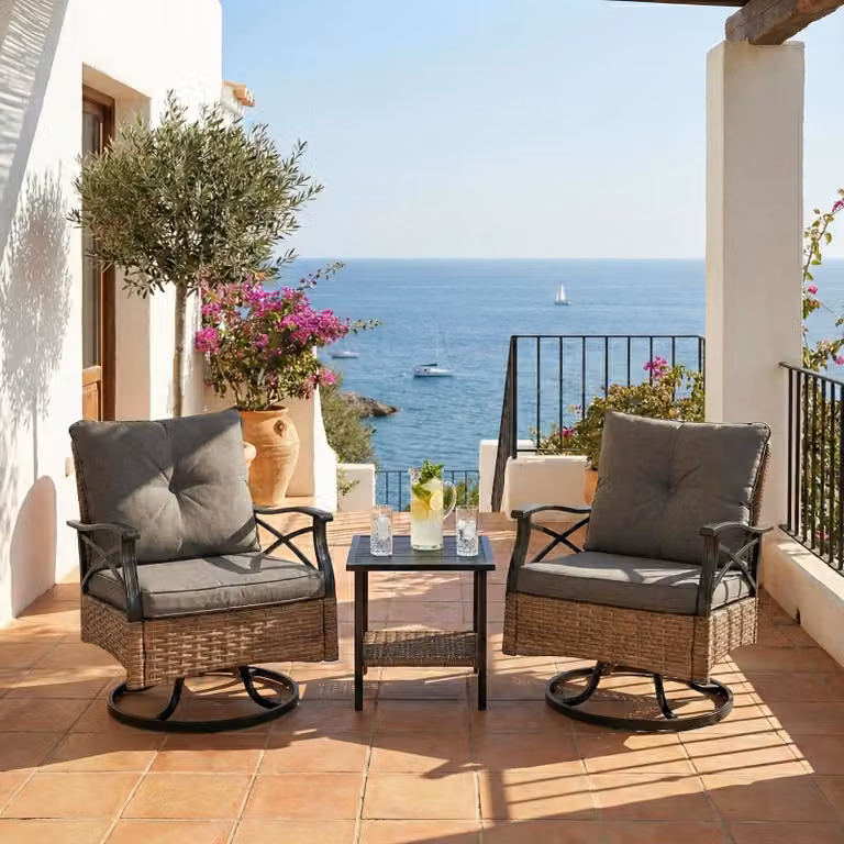 LVHOM Set di mobili da giardino a 3 pezzi, mobili da balcone con cuscini, set da balcone in polyrattan con sedie a dondolo girevoli a 360°, gruppo di sedute mobili da patio per balcone