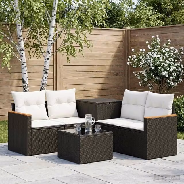Set di divani da giardino a forma di L vidaXL in polyrattan nero e bianco con cuscini e tavolino da caffè – 1