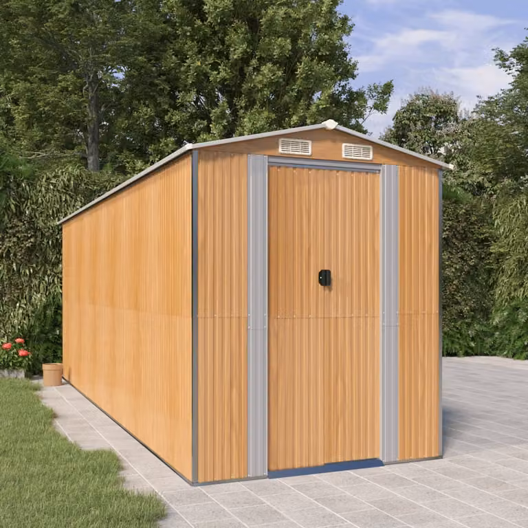 Capanno da giardino vidaXL in acciaio zincato marrone chiaro con tetto a capanna e ventilazione laterale L/P/H: 523 x 192 x 223 cm